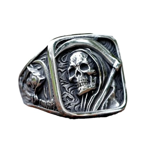 Gothic Skull Ring Stainless Steel Signet Ring for Men Reaper Ring with Hook Design Jewelry Gift