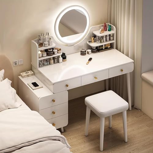 Mesa plegable de maquillaje con luces LED, cajones de espejo y estantes abiertos, amplio almacenamiento, color blanco, 100 cm, ideal para belleza y aseo.