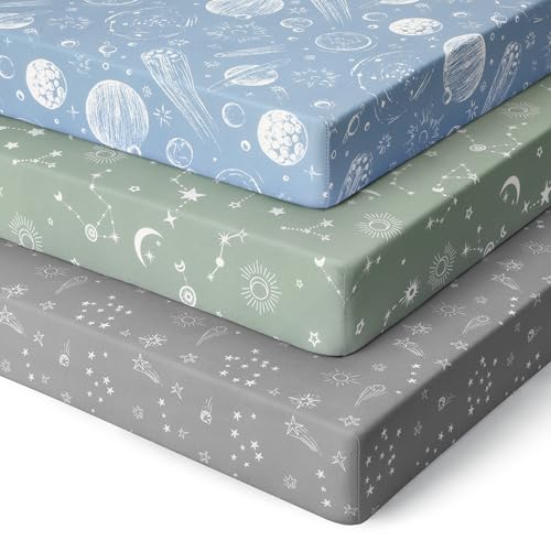 Image of Unnivoll Pack and Play Sheets Fitted 3 Pack, Mini Crib Sheets for Pack N Play Mattress Stretchy Portable Playard Sheets, Soft Breathable Gray Green Constellation