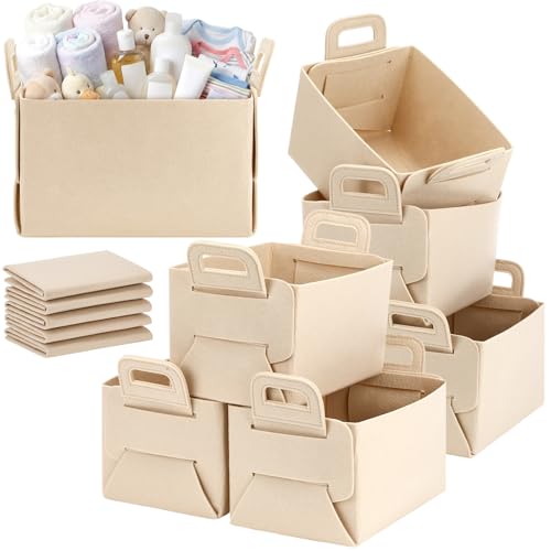 Yiyiring 12 Pcs Storage Baskets Felt Storage Bin Beige Felt Collapsible Convenient Box Organizer with Carry Handles for Office Bedroom Closet Babies Nursery Toys Laundry (9.8×7.1×5.9in)