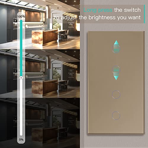 BSEED Dimmer Schalter Led Dimmer Touch Lichtschalter 2-fach 1 weg +2-fach 1 weg Glas Touch Schalter Gold Touchscreen-Funktioniert mit dimmer LED-Gl&uuml;hlampen