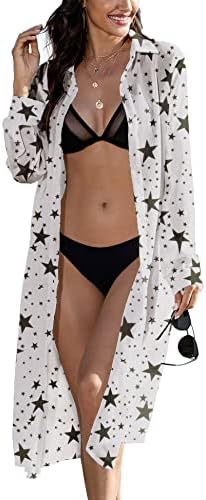 Zeagoo Women’s Swimsuit Beach Cover Up Cardigan Bathing Suit Button Down Shirt Roll-up Sleeve Bikini Beach Wear S-3XL