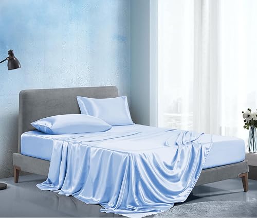 Image of Soft and Silk Satin Bedsheet for Single Bed - 400 TC Romantic Bedsheet Set for Bedroom | Bridal Wedding Bedsheet with Pillow Cover | Ideal for Gifting Sky Blue, Single Bed
