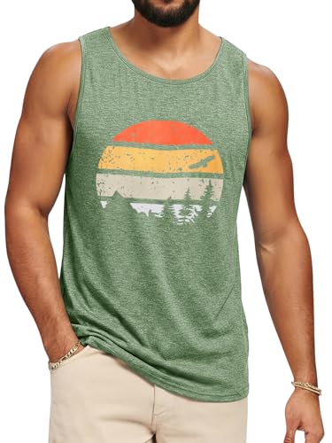 Runcati Mens Sleeveless Tank Tops Workout Muscle Gym Athletic T-Shirts Vintage Graphic Printed Hawaiian Summer Beach Tops Army Green