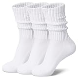 Toetally Womens Slouch Crew Socks Cozy Cotton Retro Ribbed Calf Scrunch Boot Socks for Casual Athletic 3 Pairs White L