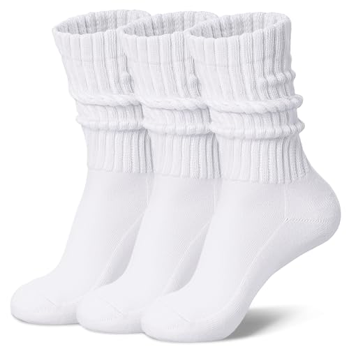 Toetally Womens Slouch Crew Socks Cozy Cotton Retro Ribbed Calf Scrunch Boot Socks for Casual Athletic 3 Pairs White L