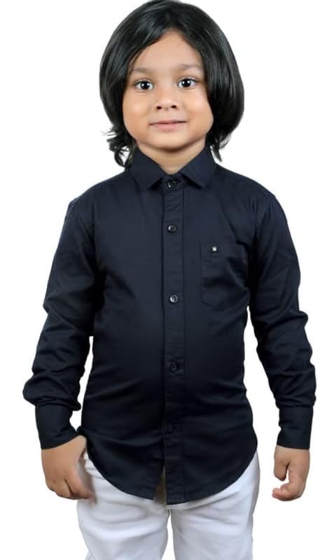 Image of Boy's Kids Regular Fit Solid Pattern Cotton Shirt with Pocket Collared Neck Long Sleeve Button Down Closure Type and Standard Length | Boys Cotton T-Shirts Set | Shirt for Boy