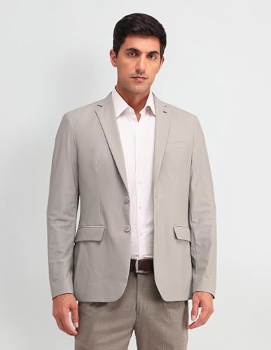 Image of Arrow Men's Beige Textured Notch Collar Long Sleeve Formal Nylon Slim Fit Blazer