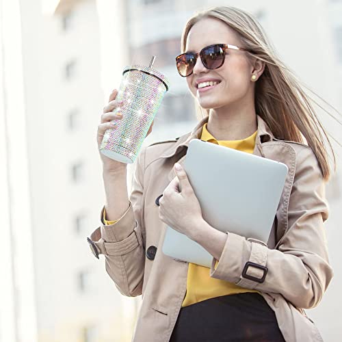 Studded Bling Diamond Tumbler Glitter Water Bottle With Lid Stainless Steel Vacuum Thermal Straw Tumbler Rhinestone Tumbler With 1 Pcs Cup Brush 6 Pcs Straw Brushes For Women(Ab Color, 16.9 Oz) #TOP3