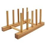 efbock Plate Rack Holder for Kitchen Cupboards Bamboo Wooden Chopping Board Tray Dish Rack Stand Drainers, Kitchen Cabinet Organizer for Plate/Cup/Pot Lid (1, 4 slots)