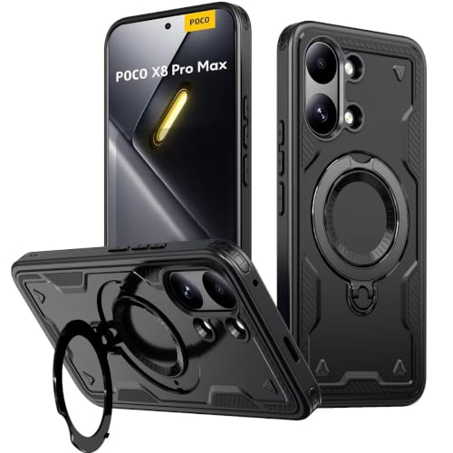 Image of KANSi Case for Xiaomi POCO X8 Pro Max (6.83"), Rugged Phone Case with Kickstand and Ring Holder - Black