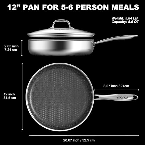 Image of imarku 12 inch Non Stick Frying Pan with Lid, 5.5-Quart Deep Skillet | Stainless Steel Saute Pan with Ceramic Coating for Family Meals, Induction Cookware, Oven & Dishwasher Safe, PFOA Free