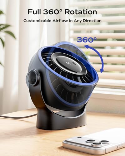 SWEETFULL USB Small Desk Fan - 5 Inch Mini Personal Desktop Fan, 4 Speeds Cooling Strong Airflow, 360° Adjustable Tilt, Quiet Portable Table Fans for Bedroom, Home, Office, Travel & Cruise, Black — view 6