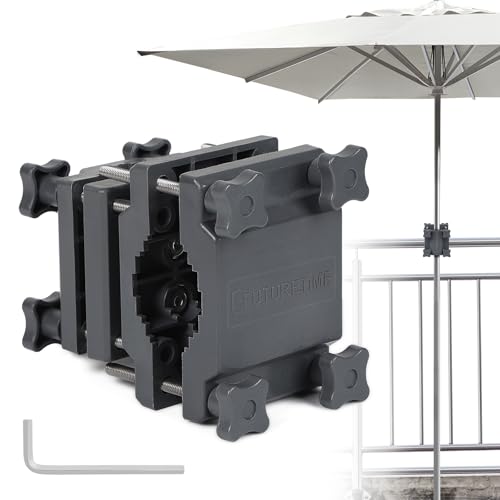 efuturetime Supporto per Ombrellone da Balcone, Ombrellone da Fissare Regolabile per Ombrellone Ø22-38 mm, Clip per Ombrellone per Balaustra Quadrata 25-60 mm o Rotonda Ø25-40 mm, Grigio