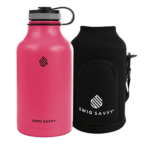 Swig Savvy Vacuum Insulated Stainless Steel Double Wall Wide Mouth Sports Water Bottle with Storage Sleeve, 64 Ounces, Pink