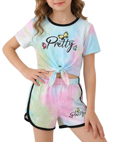 Image of Jecson Girls Summer Outfits 2Pcs Kids Clothes Girls Tie Knot Front Tops T-Shirts and Casual Short Sets 5-12Y