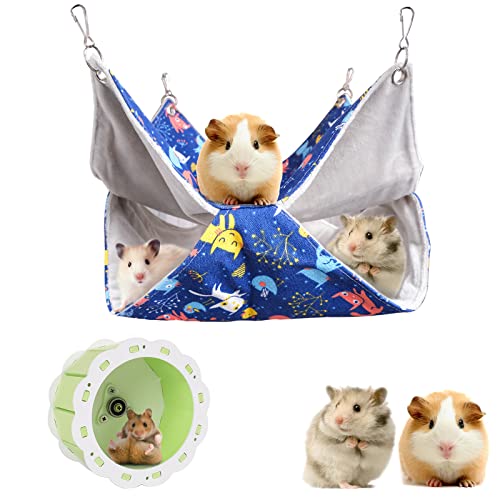Nagetier Hängematte, Doppellagig Kleintier Hängematte mit Hamsterrad, Hamsterlaufrad Haustiere Käfig Hängematte Zubehör für Frettchen Meerschweinchen Ratten Chinchilla Hamster Eichhörnchen Cover