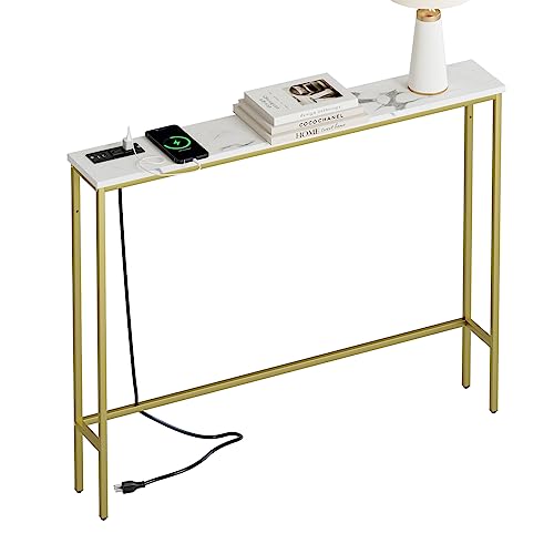 Image of Masupu 5.9 inch Skinny Console Table with Power Outlet,Modern Narrow Sofa Table Behind Couch,Skinny Entry Table with Gold Metal Frame for Entryway,Living Room, Hallway,Marble White