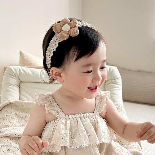 Baby Girls Hairbands Lace Flowers Headband Handmade Soft Stretchy Colorful Flower Hairband Newborn Headbands with Pearls Elastic Hairbands for Infant Head Band (Brown Flowers)2