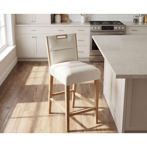 HNY 26 Inch Upholstered Modern Bar Stool, Wooden Counter Height Barstool with 5" Thick Padded Seat & Cushioned Back, Armless Chenille Fabric Bar Chair for Kitchen Island, Home Bar, Beige