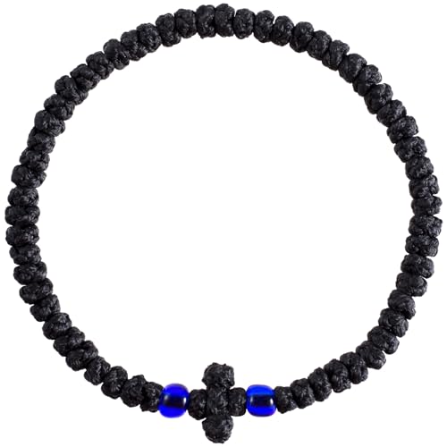 Pndeyo Orthodox Prayer Rope Thicken Christian Greek Prayer Rope with Blue Beads Handmade Orthodox Bracelet Blessing Cross Tassel Car Hanging Charms for Women & Men- Black