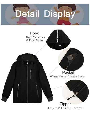 Image of Lansbojun Boys Spring Jacket Waterproof Soft Shell Jacket Hooded Coat Full Zip Black Size 16