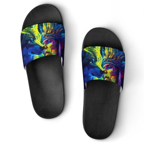 A Wolf And An Native (American-indian) Shower Slippers for Women Men Casual Non-Slip Slide Sandals Beach Bathroom Shoes - Main Image