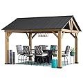 Sunjoy Wood Gazebo 11 x 13 ft. Outdoor Patio Premium Cedar Frame Gazebos with Matte Black Steel Gable Hardtop Roof for Garden, Backyard Shade, Black Roof + Natural Wood Frame