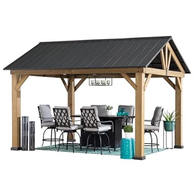 Sunjoy Wood Gazebo 11 x 13 ft. Outdoor Patio Premium Cedar Frame Gazebos with Matte Black Steel Gable Hardtop Roof for Garden, Backyard Shade, Black Roof + Natural Wood Frame