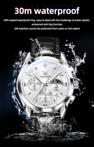 Image of OLEVS Men's Leather Analog Quartz Watch - Luxury Chronograph Wristwatch with Date, Waterproof, Luminous - Dress Style