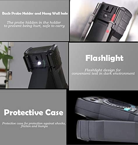 Multimeter features including back probe holder, flashlight, and protective case