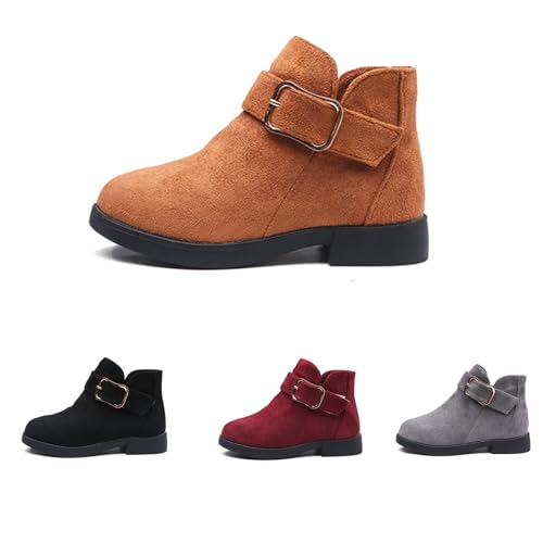 Girls Suede Buckle Chunky Heel Ankle Boots Side Zipper Comfortable Breathable Low Heel Non-Slip Chelsea Dress Ankle Boots Kids School Dance Ankle Boots