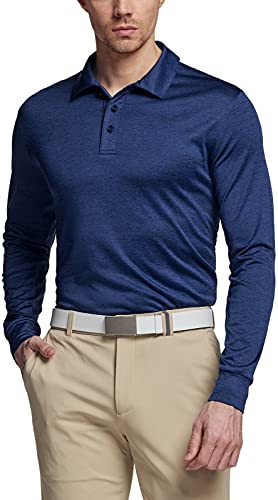 TSLA Men's Long Sleeve Cooling Polo Shirts, UPF Sun Protection Stretch Cool Dry Golf Shirt, Active Business Casual Shirts, Stretch Dry Polo Heather Navy, XX-Large