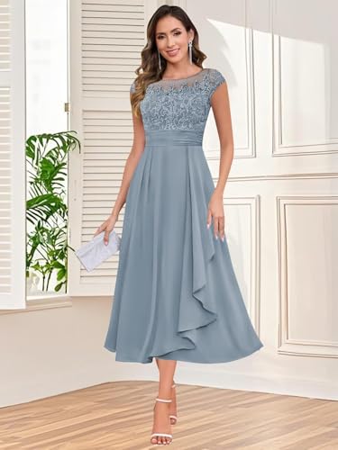 Women's Tea Length Mother of Bride Dresses Cap Sleeve Chiffon Lace Appliques Ruffles A Line Formal Dress3