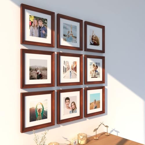 Image of Art Street Wooden Photo Frame for living room, Aesthetic Cave Design Photo Frames for Photograph, Art Work, Certificates Set of 9 (8x8 Inch, Brown)