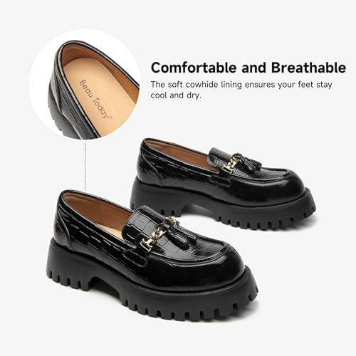 Image of BEAU TODAY Chunky Loafers for Women,Womens Platform Loafer Shoes,Chunky Heel Lug Sole Slip-on Metal Chain Shoes,Comfort Round Toe Business Work Office Shoes