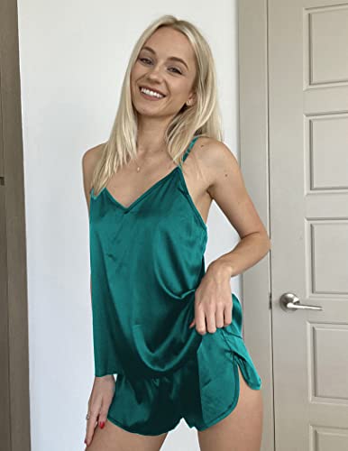 Image of Ekouaer Silk Pajamas for Women Satin Cami V Neck Camisole Shorts Pjs Set | Adjustable Strap Sleepwear Lingerie Sets for Women for Wedding, Party, Home, Daily Wear, Honeymoon