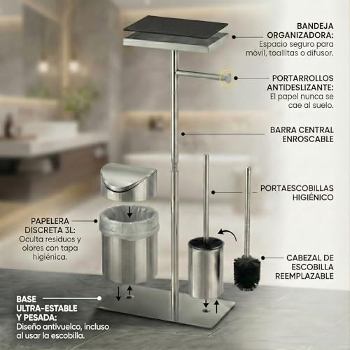 NIDDAPP Portarrollos Papel Higiénico de Pie y Escobillero - Set 4 en 1 con Papelera de Baño y Escobilla WC Incluidos - Soporte con Base Pesada Antivuelco (3kg), Acero Inoxidable y Sin Taladro - imagen 4