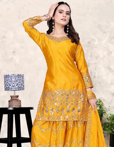 Image of Anvri Textiles Yellow Embroidered Kurta Sharara Set for Women - V-Neck, 3 /4th Sleeves, Knee-Length Kurta with Matching Dupatta - Festive & Haldi Perfect