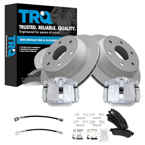 Image of TRQ Rear Brake Pad and Rotor Set Semi Metallic Coated Rotors Calipers Compatible with 2000-2001 Chevrolet Tahoe GMC Yukon