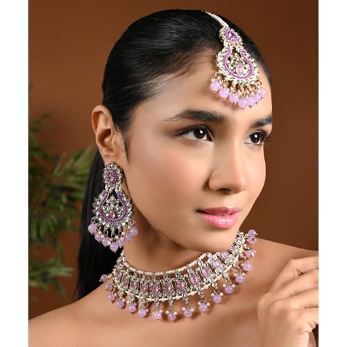 I Jewels Gold Plated Indian Wedding Bollywood Kundan Pearl Drop Choker Necklace Jewellery With Earrings & Maang Tikka Set For Women (K7276)2