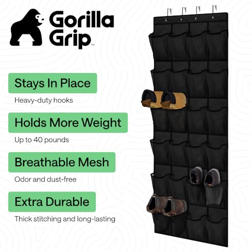 Image of GORILLA GRIP Over the Door Shoe Organizer, 24 Extra Large Pockets, Black