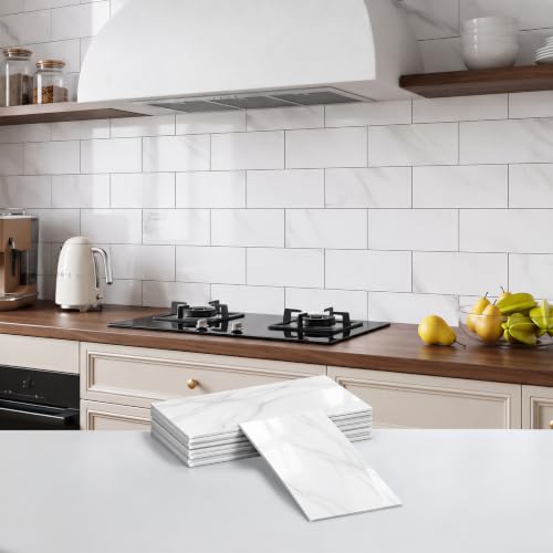 16 Pcs Peel and Stick Backsplash Tile 4" x 8", Carrara White Marble Wall Tiles for Kitchen and Bathroom, Self Adhesive Waterproof Tile Sticker, Easy DIY Removable Wall Decor for Countertop, Shower, RV