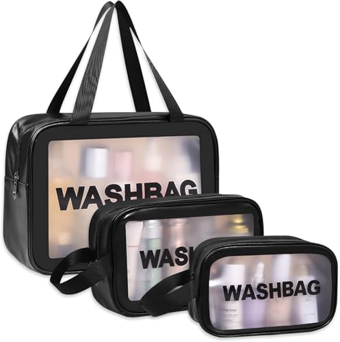 Image of KUKLAR Wash Bag Pouch for Travel Kit Toiletry Bag Nylon Cosmetic Bag Make Up Box for Brushes, Accessories with Handle, Large Capacity Translucent Waterproof Travel Storage OrganizerSet of 3 (Black)