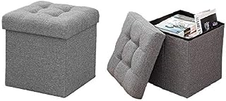 Shoze Ottoman Storage Box 38x38x38cm Folding Cube Bedroom Storage Footstool Toy Storage Box Seat Foot Stool Storage Box with Padded Seat for Living Room and Bedroom (Grey Linen)