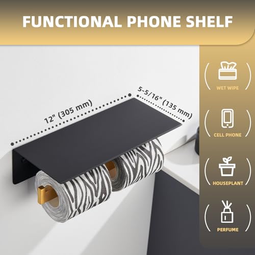 Image of Angle Simple Bathroom Toilet Paper Holder with Phone Shelf, Black and Gold | SUS304 Stainless Steel, 2 in 1 Tissue Roll Holder, Double Roll Storage, Top Shelf for Phone Wet Wipe Small Item, Screw Mount