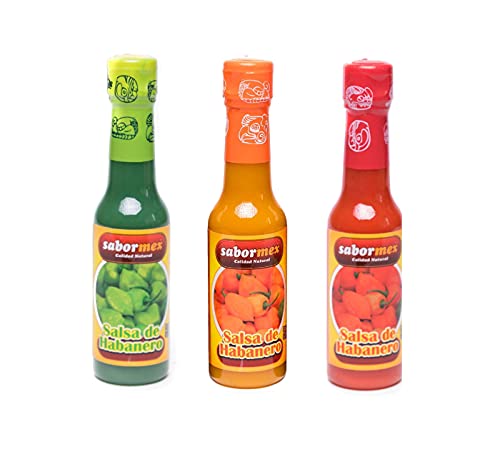 SABORMEX Pack de 3 Salsas Picantes Mexicanas de Chile Habanero: Salsa Habanera Verde, Salsa Habanera Naranja y Salsa Habanera Roja (3 Botellas x 148ml)