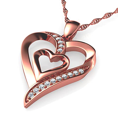 DEPHINI - Heart Necklace - 925 sterling silver Double Hearts Pendant - Cubic Zirconia - Jewellery for Women (Rose gold 2)