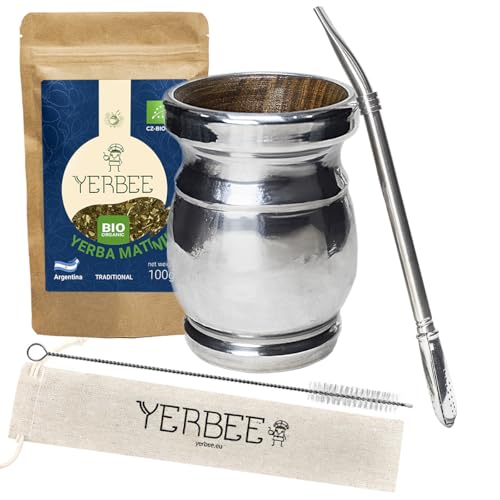 YERBEE Yerba Mate Set rituale: zucca Palo Santo Mate 250 ml (legno con rivestimento in alluminio) - bombilla in acciaio inossidabile 19 cm - Yerbee Mate Argentina biologico 100 g - spazzola per la pul