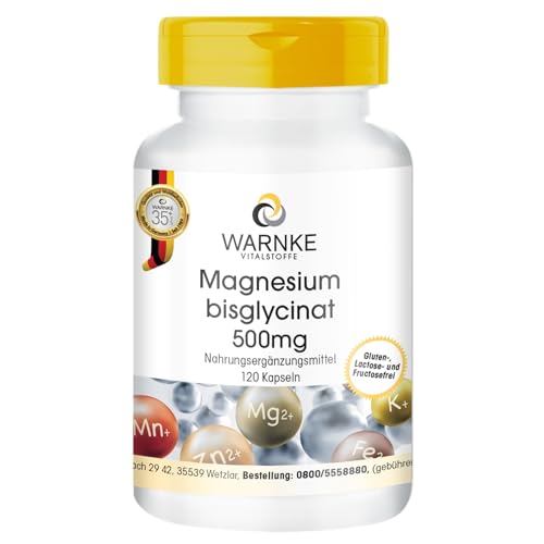 Magnesiumbisglycinat 500mg - 120 Kapsel - 300mg elementares Magnesium pro Tagesdosis - HOCHDOSIERT - Deutsche Apothekenqualität - vegan | Warnke Vitalstoffe